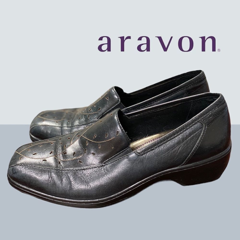 Aravon Black Leather Cutout Women's Loafers 9